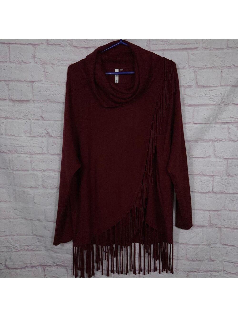 NY Collection Medium Burgundy Fringe Cowl Neck Sweater